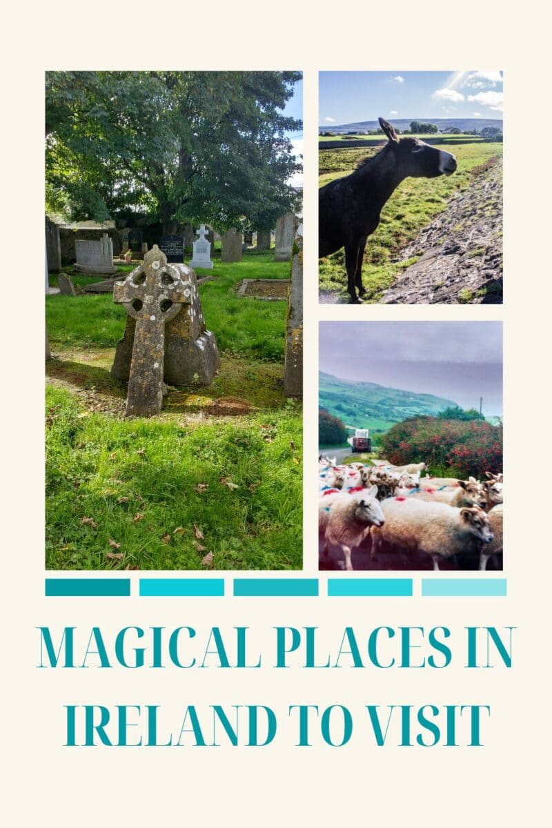 Collage of scenes to see in Ireland, including a cemetery with Celtic crosses, a close-up of a donkey, sheep on a hill, and a rural landscape, titled "Magical Places in