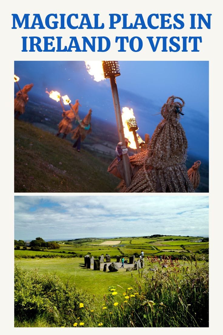 Promotional travel poster featuring two images: top image shows people in costumes carrying torches, and bottom image depicts a group touring a lush Irish meadow. The title reads "Magical places to see