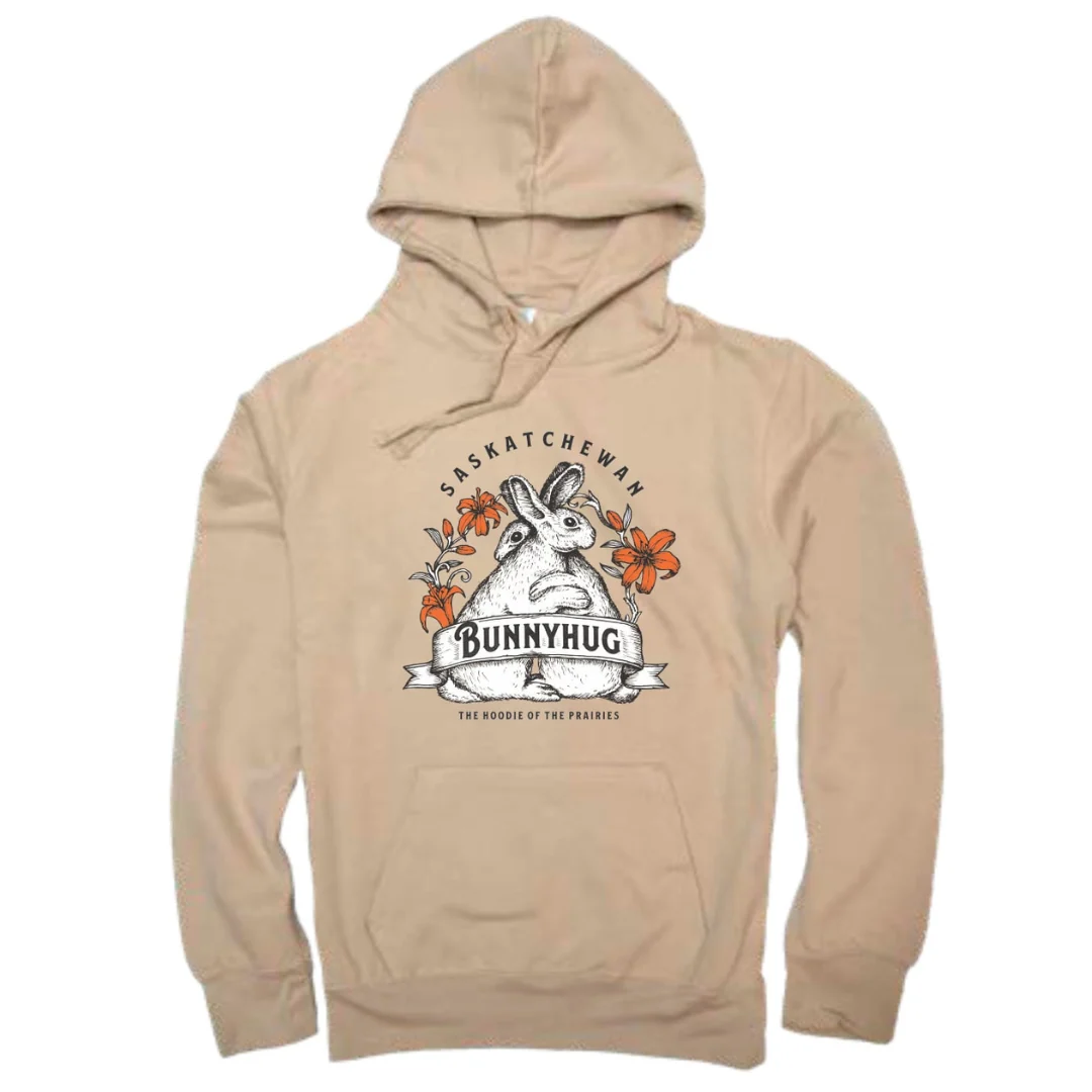 bunnyhug a beige hooded sweatshirt with the logo bunnyhug on it