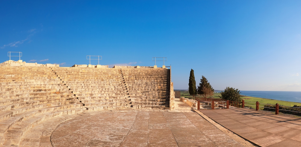 Small greek amphitheatre in an archaeological site in Paphos, Cyprus, a panoramic image