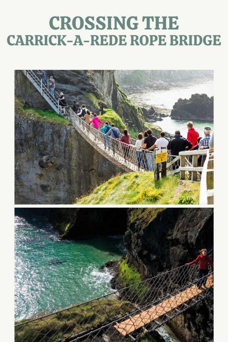 Visitors traverse the Carrick-a-Rede Rope Bridge in Northern Ireland, suspended above a rocky chasm and turquoise sea.