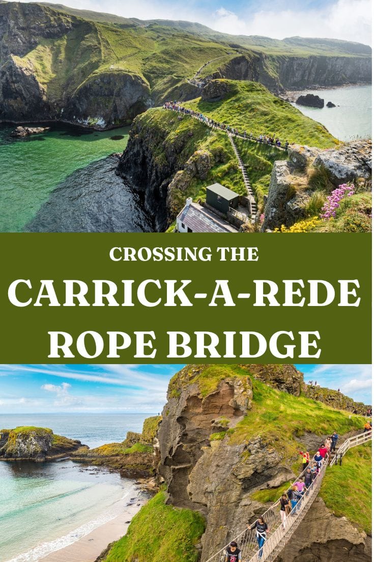 Scenic view of tourists crossing the Carrick-a-Rede Rope Bridge along the coast.