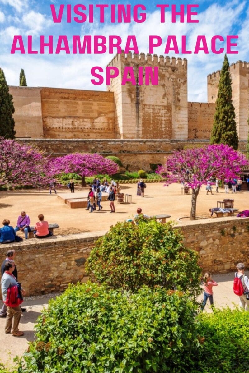 Tourists visiting the Alhambra are exploring the grounds of the palace in Spain with blooming purple trees.