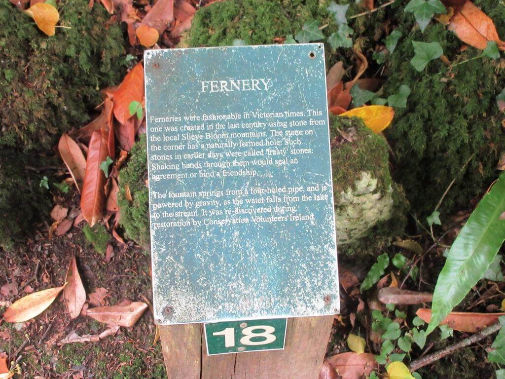 Informational sign about a fernery surrounded by moss and leaves.