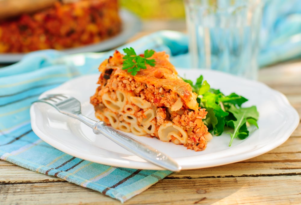A Piece of Bolognese Pasta Bake, Macaroni Cheese, Minced Meat and Pasta Pie, 