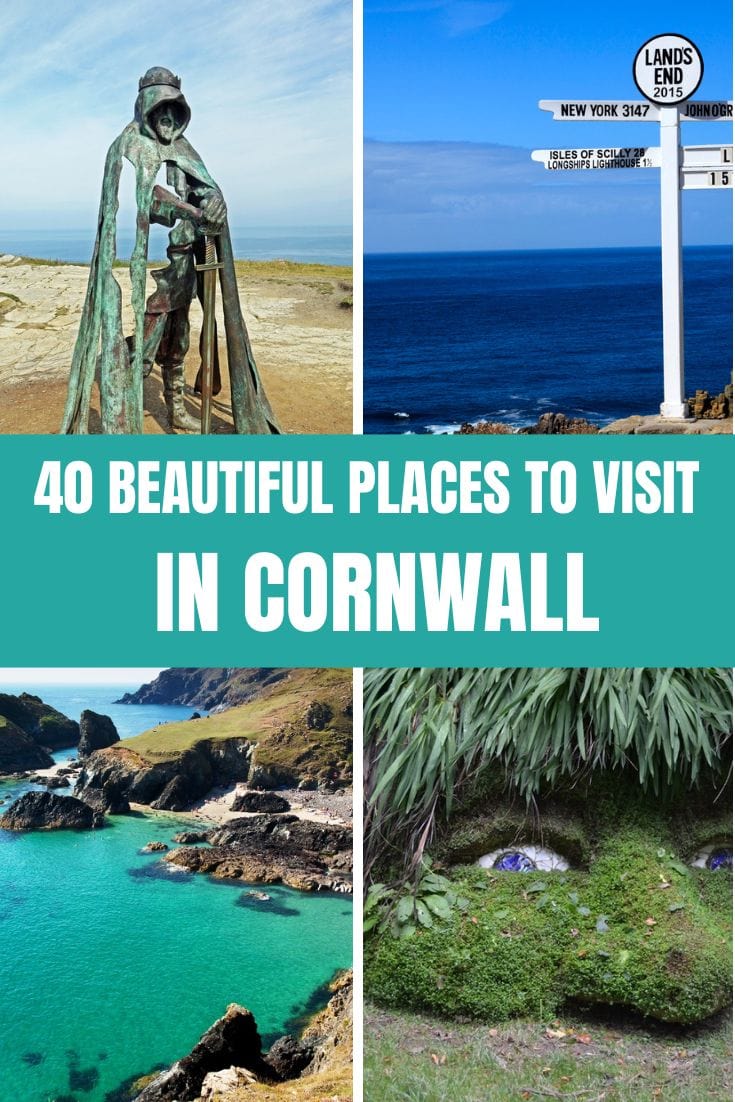A promotional poster featuring various attractions to visit in Cornwall, including a statue, a signpost at Land's End, coastal scenery, and lush vegetation.