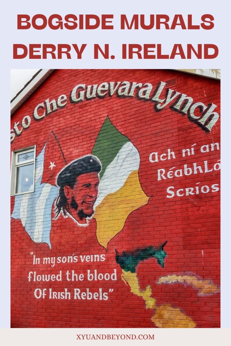 Mural of Che Guevara on a building in the Bogside neighborhood, part of the Derry murals, Northern Ireland, with a quote and the Irish flag in the background.