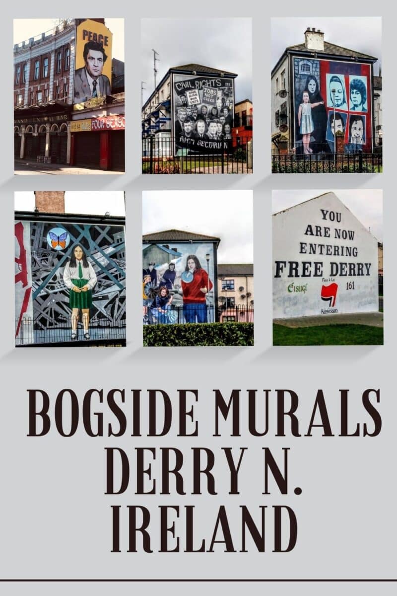 A collage of Derry murals and a sign from the Bogside neighborhood of Derry, Northern Ireland, depicting political and historical themes.