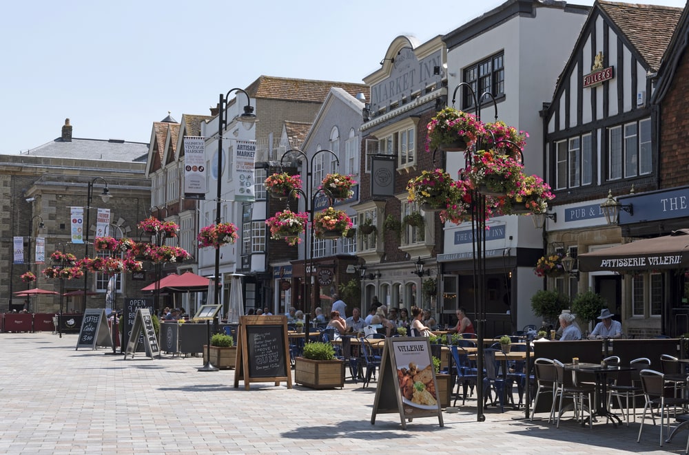 Pubs and restaurants on the Market Place in the historic city of Salisbury Wiltshire England 