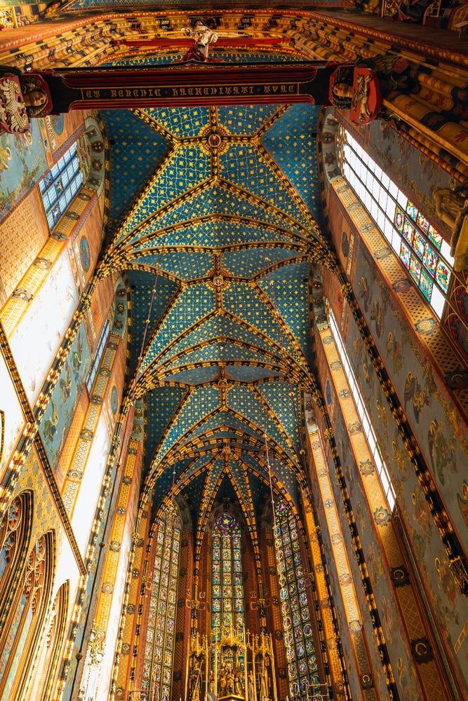St Mary Basilica Interior in Krakow, Poland. St Marys Basilica interior, Mariacki Church Gothic and Baroque ornamentation.