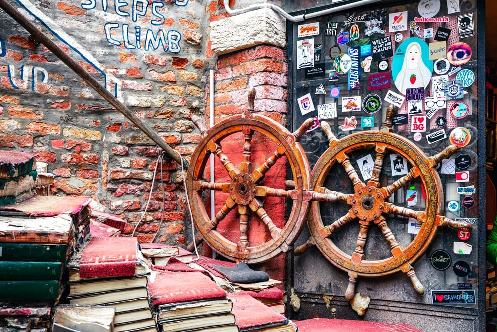 Venice Italy. March 2019: Aqua alta bookstore, place to buy second hand books - most beautiful bookstores in Europe