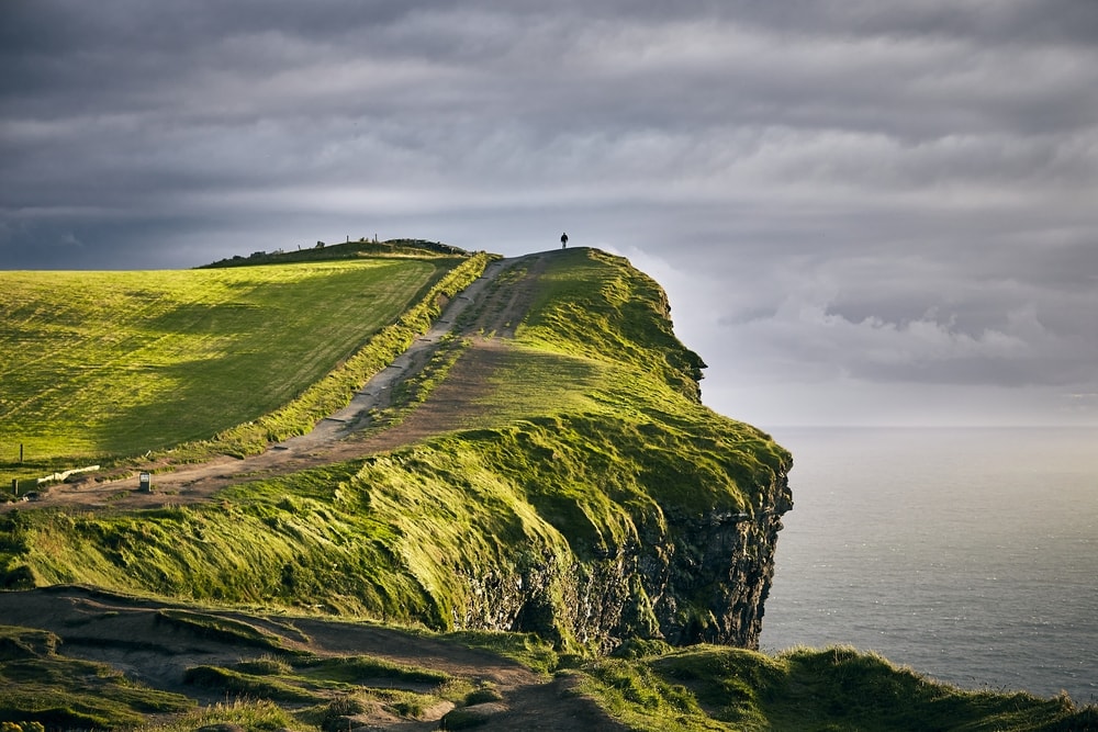 A breathtaking scene of the green uphill Cliffs of Moher