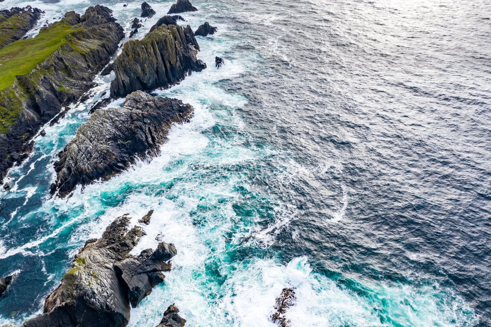 Aerial view of the coastline at Malin Head in Ireland.