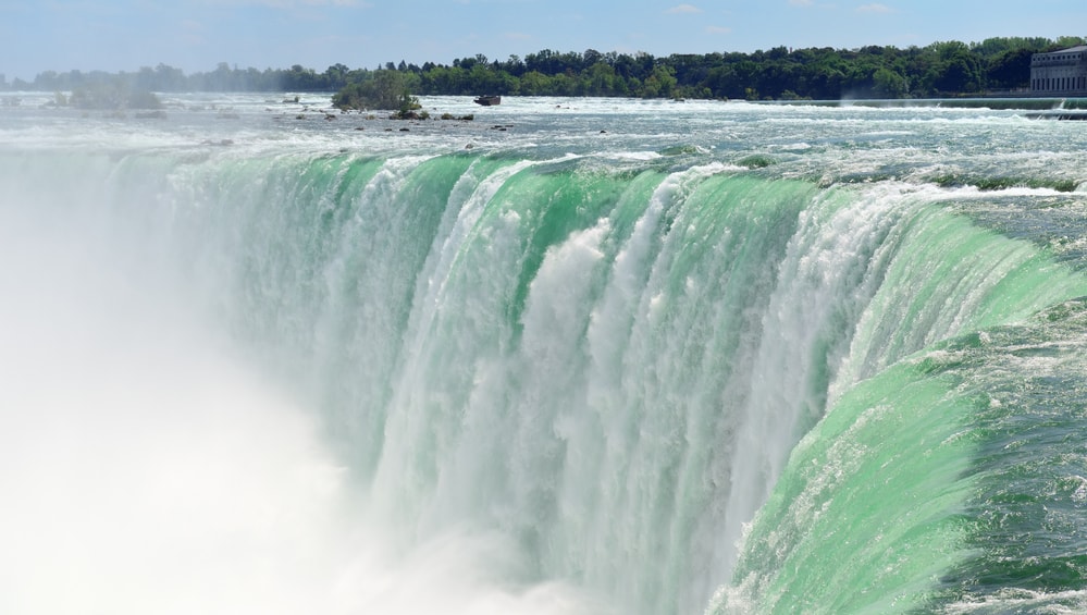 Horseshoe Falls closeup panorama in the day with mist