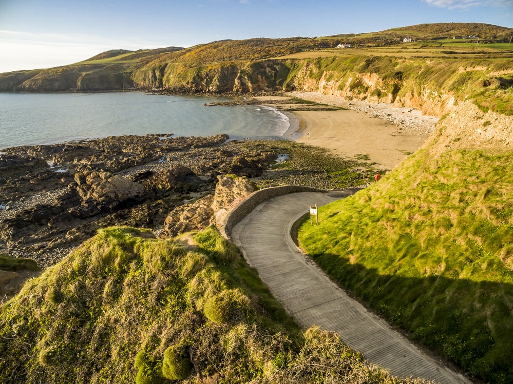 Aerial view of Church Bay in Anglesey North Wales UK during sunset.