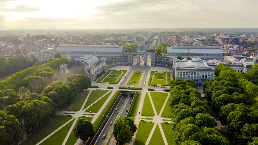 Brussels, Belgium. Park of the Fiftieth Anniversary. Park Senkantoner. The Arc de Triomphe of Brussels (Brussels Gate), Aerial View