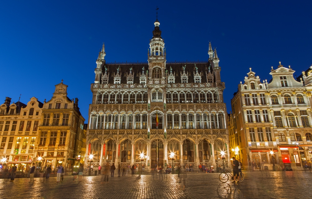 BRUSSELS, BELGIUM - JUNE 14, 2014: The main square and Grand palace in evening. Grote Markt.
