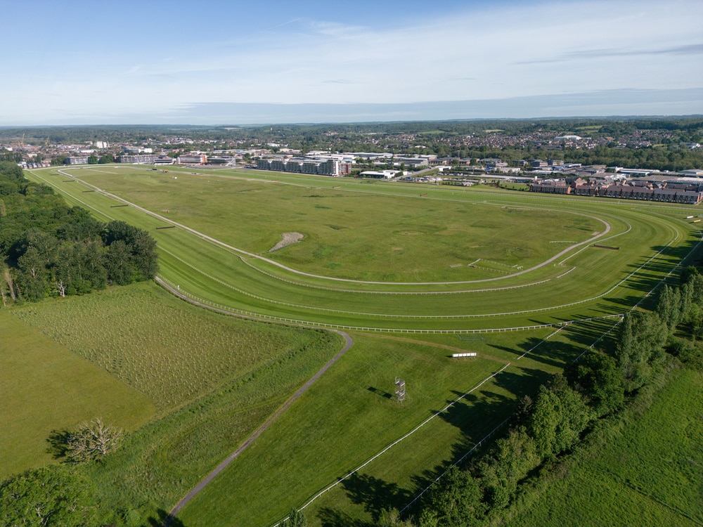 Newbury, Berkshire, United Kingdom - May 22 2022: Aerial view over Newbury Racecourse