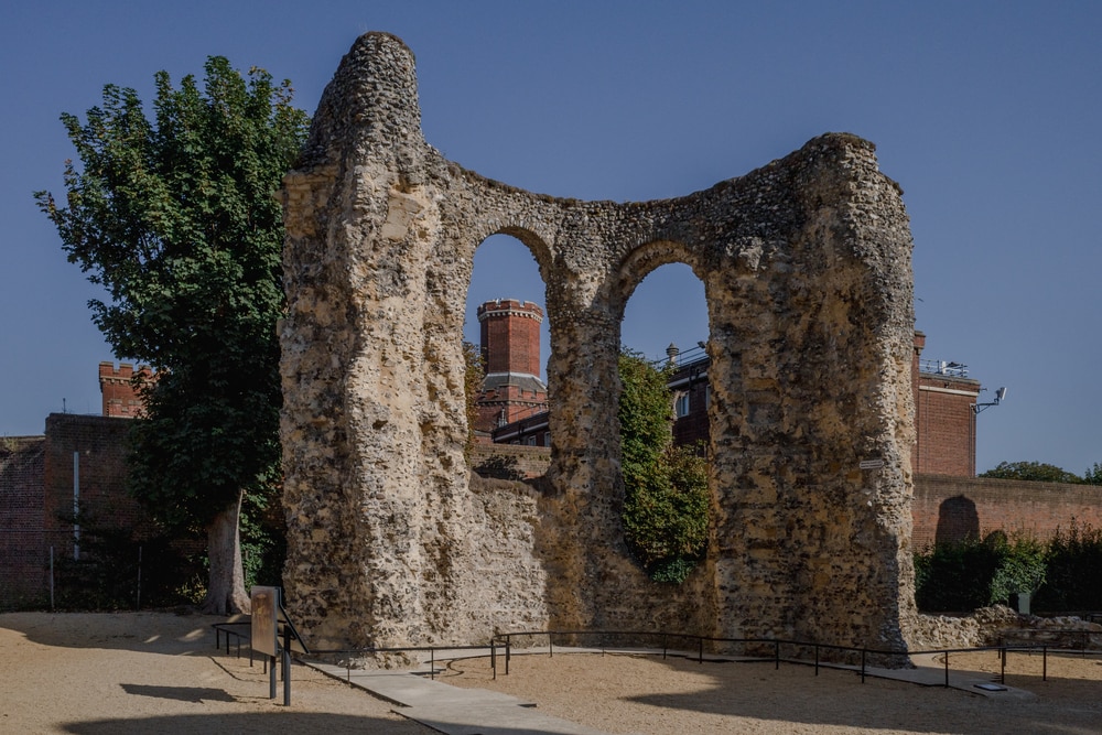 View of Reading Abbey Ruins in town centre of Reading, United Kingdom