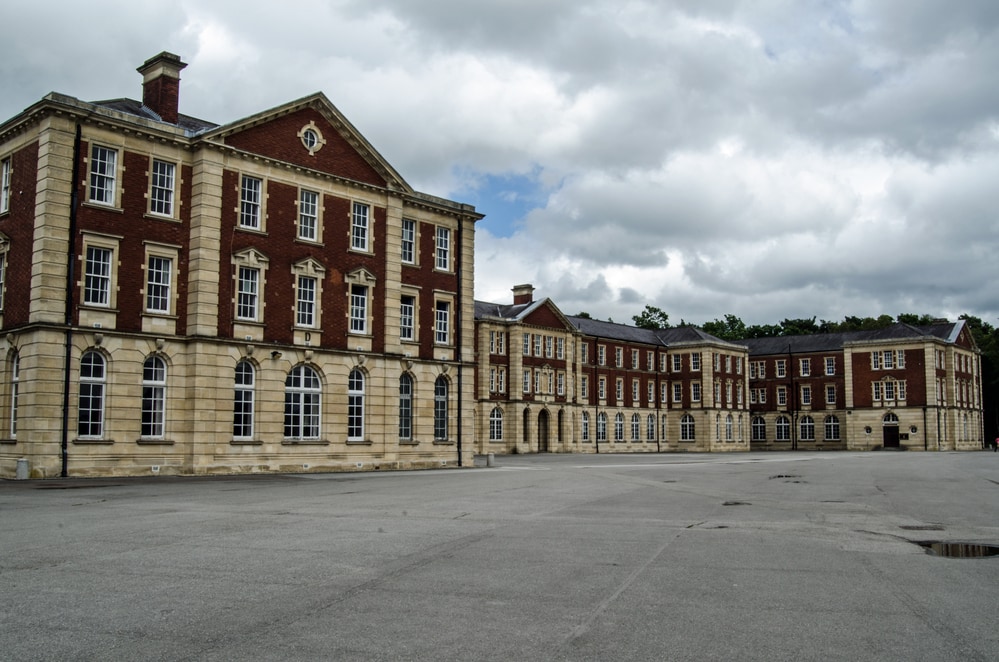 Wing of the Victorian New College buildings at the Royal Military Academy in Sandhurst where officers for the British Army are trained.