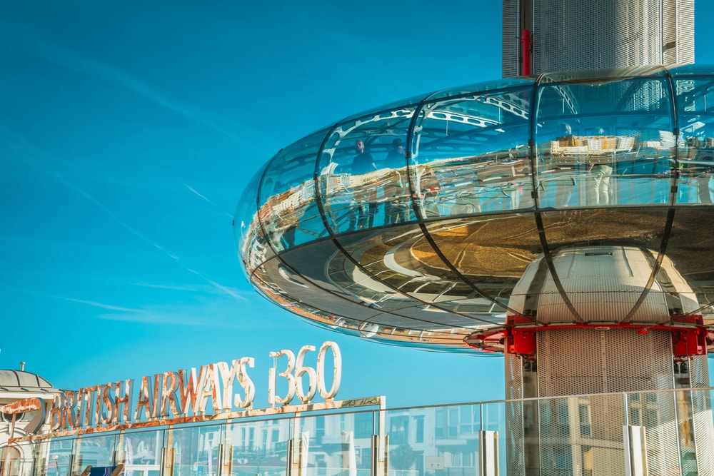 Brighton, England British Airways i360 skyline tower is the world's tallest in the world in Brighton Pier. Glass pod and tower for sightseeing attraction at Brighton Pier, UK