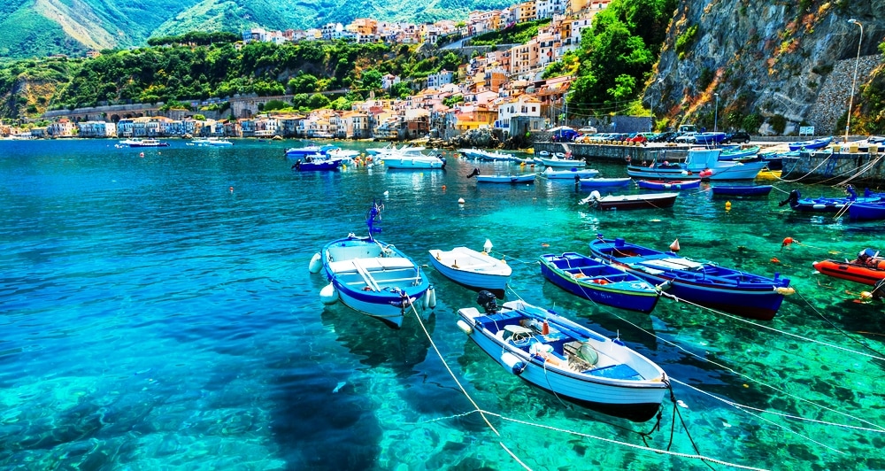 beautiful sea and places of Calabria -Scilla town with traditional fishing boats. south of Italy