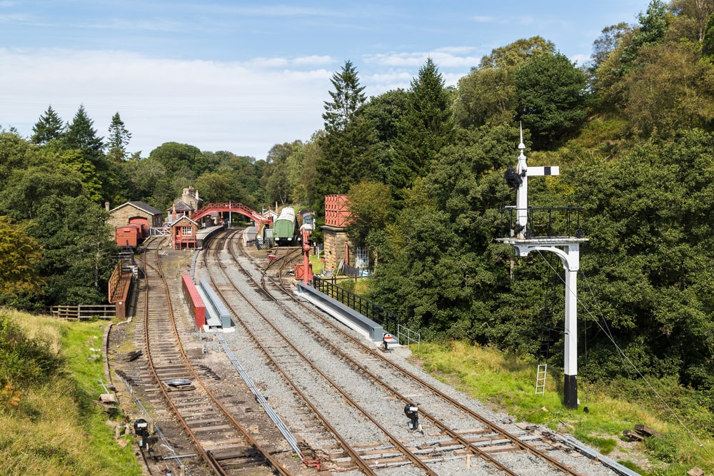 Goathland train station on the North Yorkshire Railway seen in September 2020.  This was used as Hogsmeade station in the Philosophers Stone.