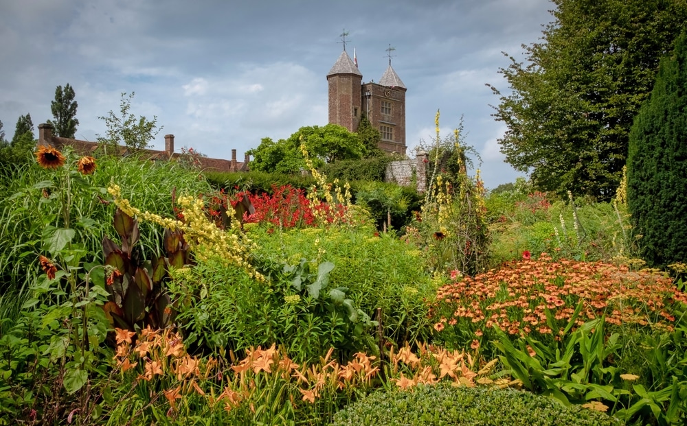 beautiful flowers, trees and plants and garden landscaping in Sissinghurst Castle Gardens in Cranwood, England