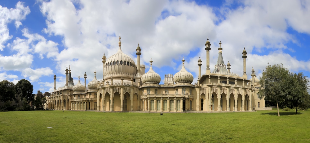 onion domes, towers and minarets forming the roof of the royal pavilion palace in Brighton England, King George IV's summer house and Regency folly