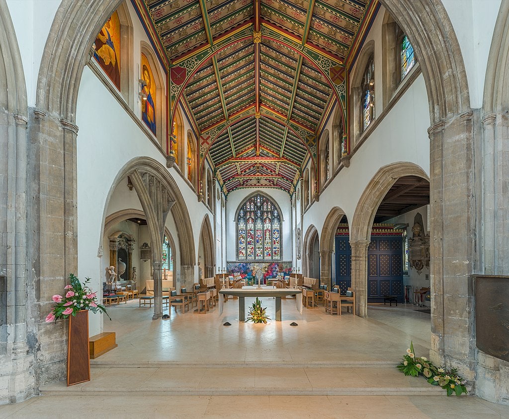 Chelmsford in Essex the superb interior of the Chelmsford Cathedral with painted vaulted celing and high gothic arches