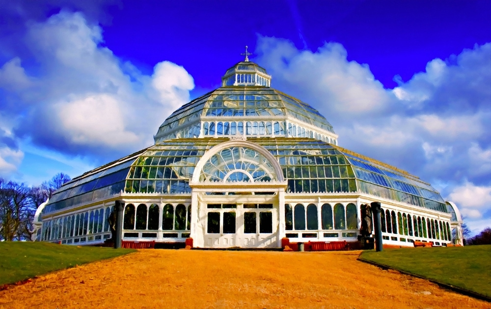 A digitally constructed painting of Sefton Park palmhouse in Liverpool UK