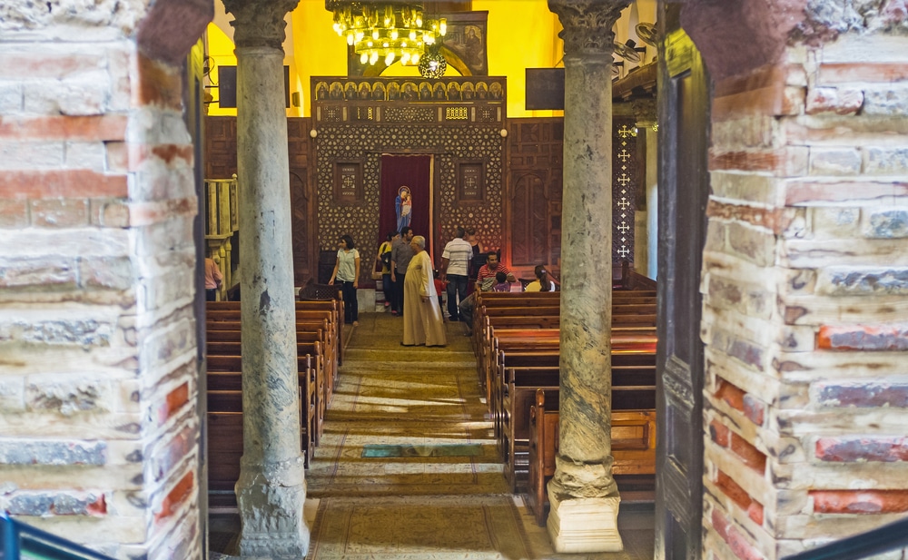 The view on the prayer hall of Abu Sarga church from its entrance with two old columns also known as the St Sergius and Bacchus