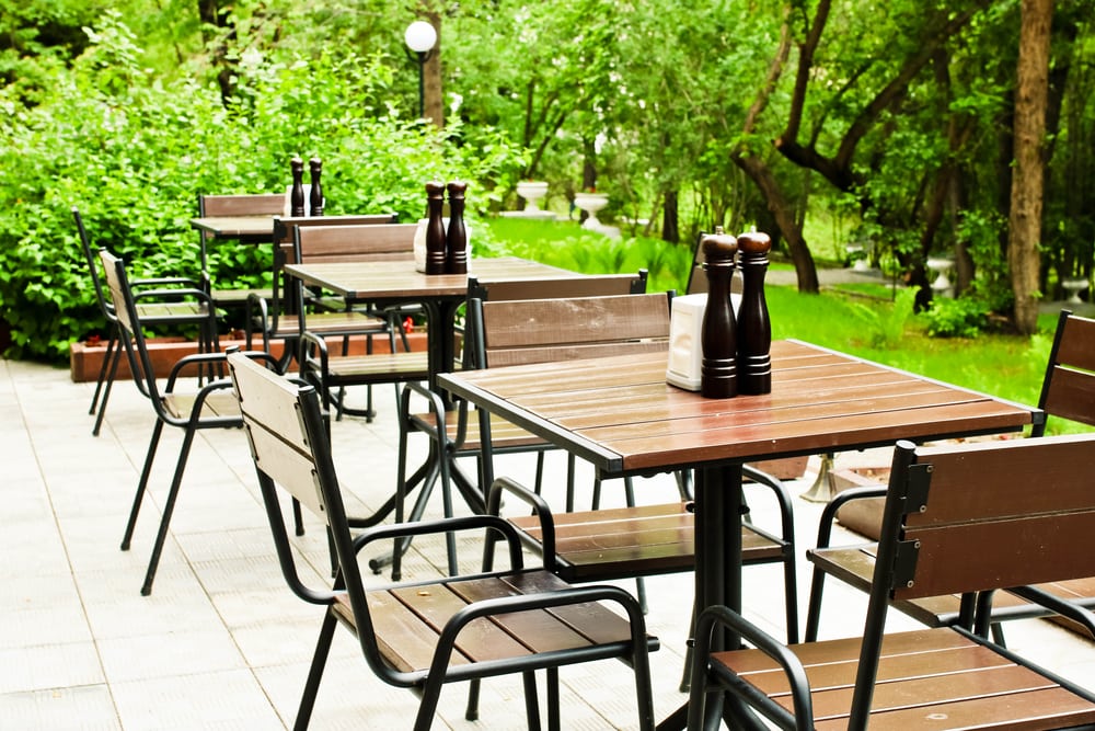 Empty cafe and restaurant terrace with tables and chairs in london indie and hipster style