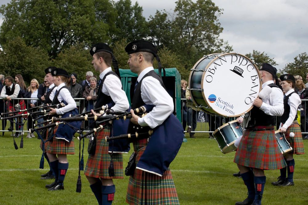 The Oban Pipe Band competing in the World Pipe Band Championship in Glasgow Scotland. Full regalia with kilts drums and bagpipes