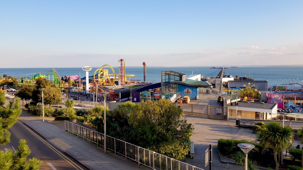 Southend-on-Sea, Essex, United Kingdom, March 24, 2019. Out of season Adventure Island theme park on Southend sea front at sunset, near the Pier.