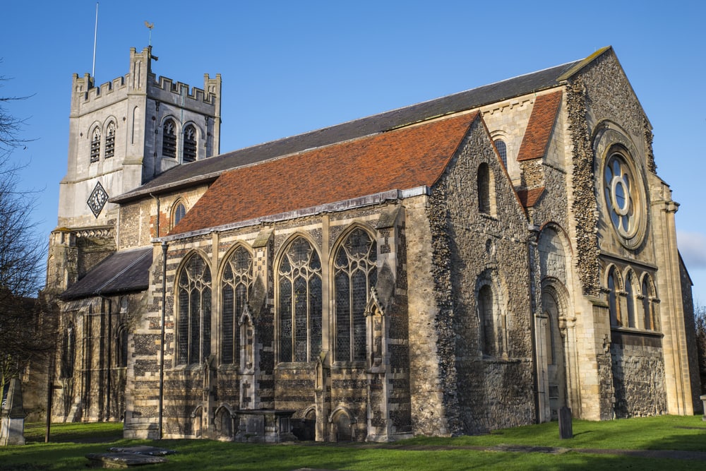 A view of the historic Waltham Abbey Church in Waltham Abbey, Essex.  King Harold II who died at the Battle of Hastings in 1066 is said to be buried in the churchyard.