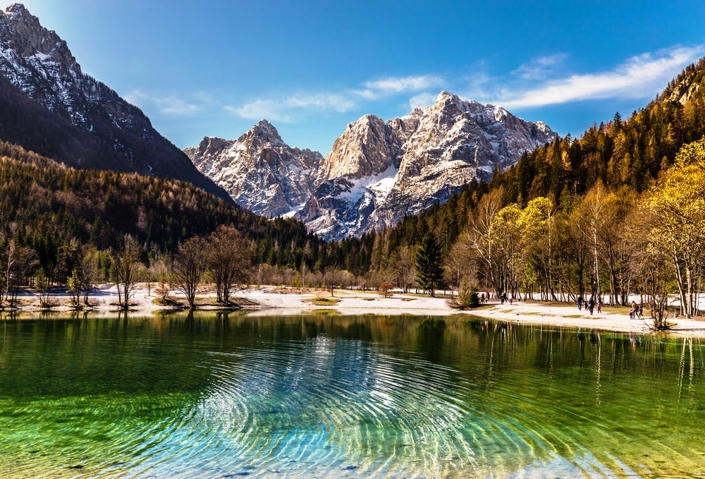 Beautiful View Of Jasna Lake With Stenar,Razor And Kriz Mountains In The Background-Kranjska Gora, Slovenia,Europe