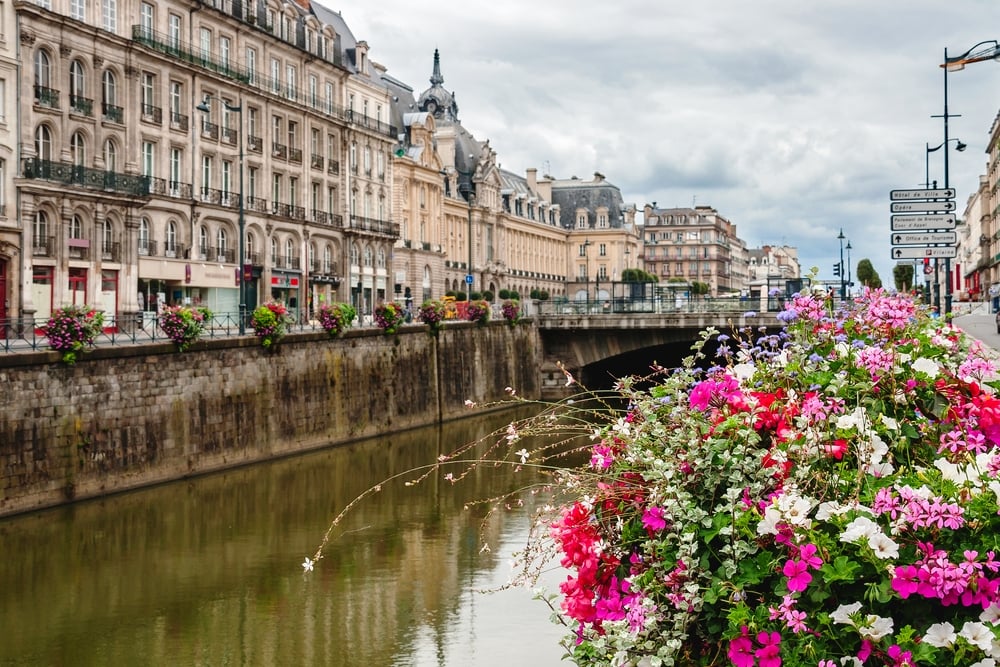Flowers and river Vilaine in Rennes