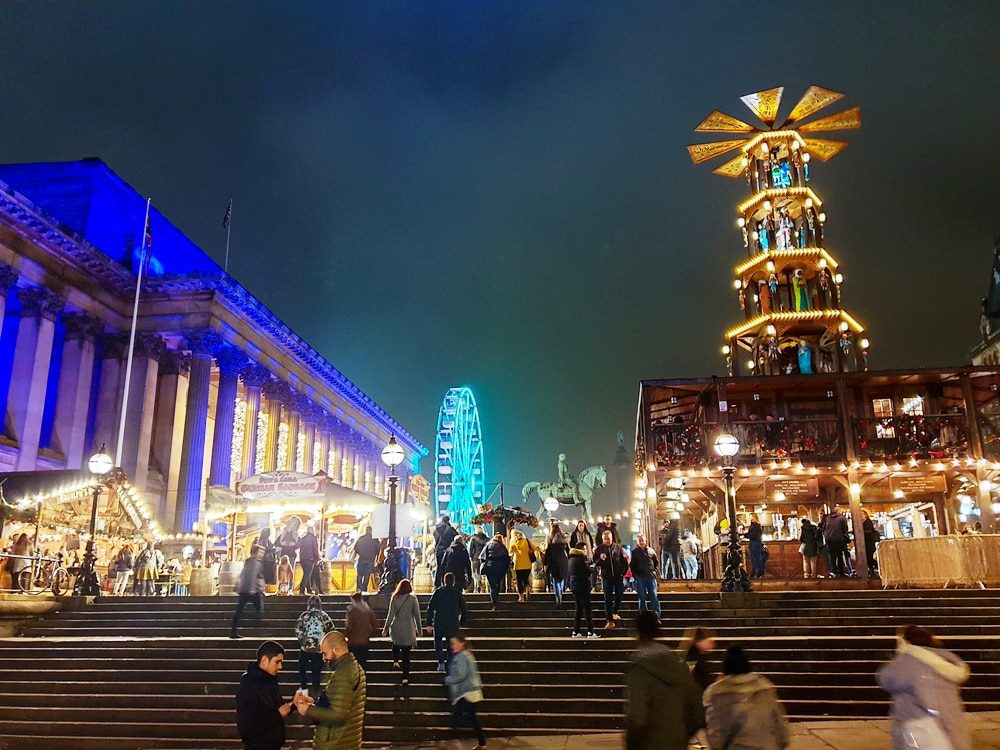 Beautiful festive scene at a Christmas Market near Liverpool Lime Street Train Station