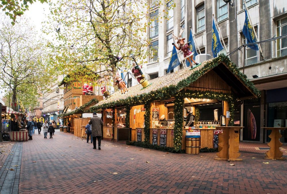 A Bavarian style Christmas Market in Birmingham. The huts are wooden chalets and host both artisans, food and drink