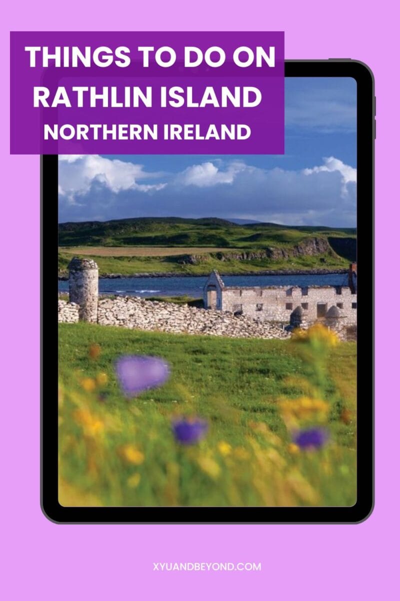 A digital tablet displaying an article titled "things to do on Rathlin Island, Northern Ireland" with a background image of the scenic island landscape.