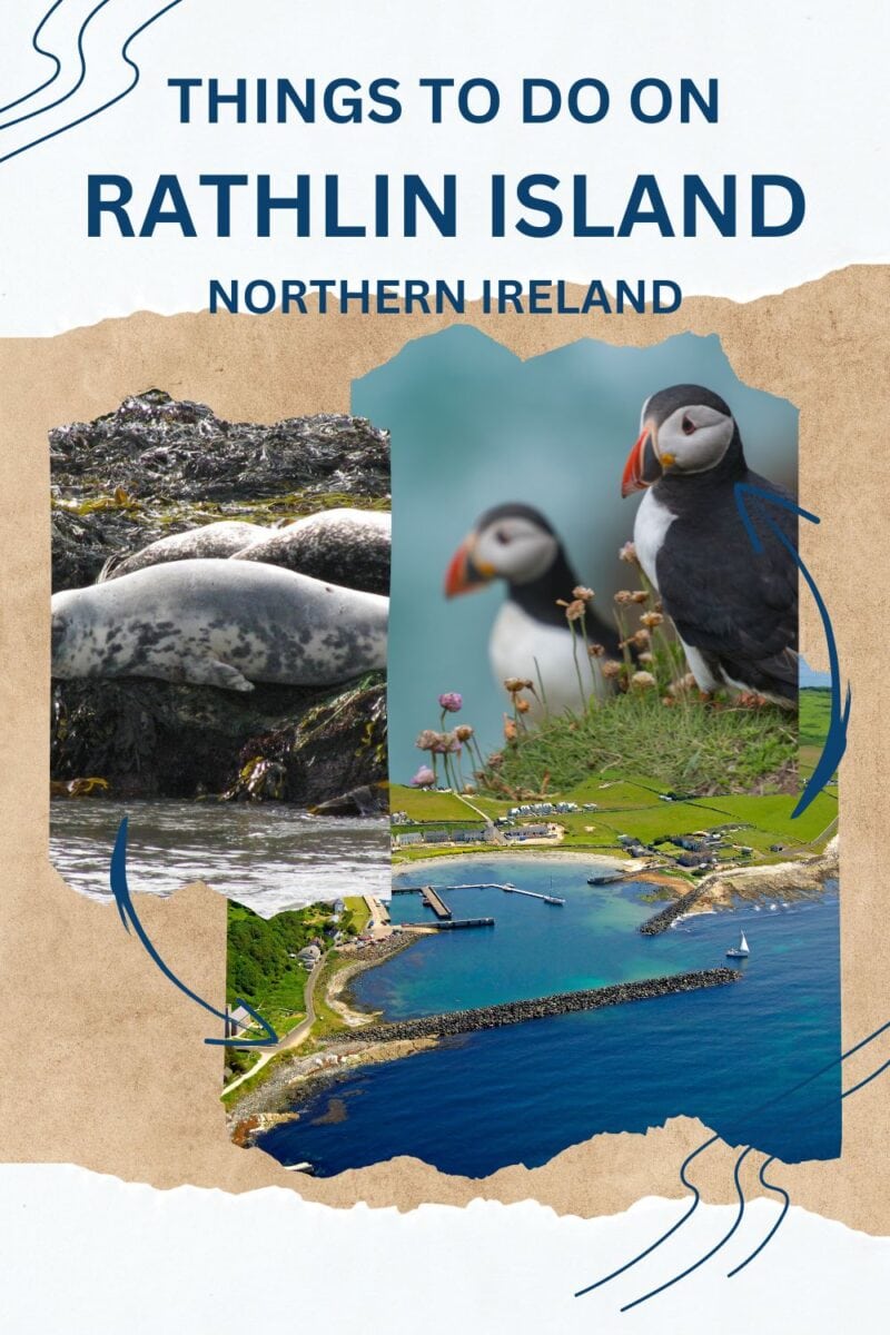 Promotional poster highlighting attractions on Rathlin Island, Northern Ireland, featuring images of puffins, a seal, and scenic coastline views.