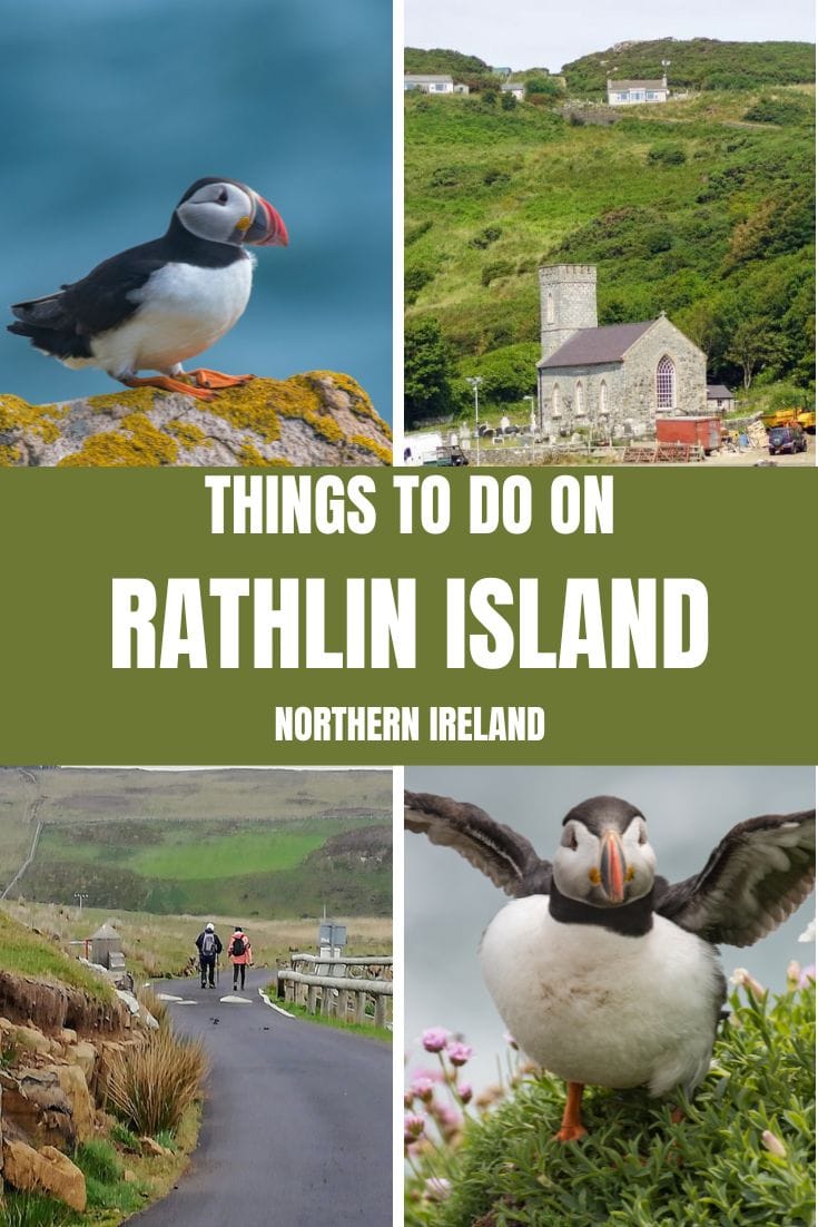 A promotional poster for Rathlin Island, featuring images of a puffin, a historic church, and cyclists on a rural path, with the title "Discover Rathlin Island: Activities in Northern Ireland.