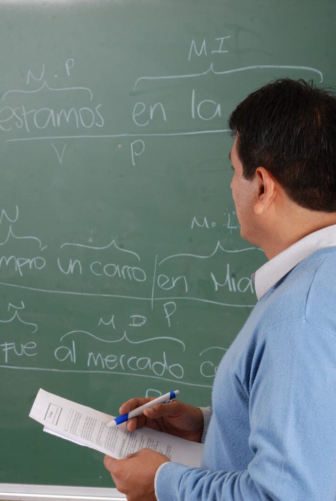 A male teacher stands at a blackboard he is dressed in a denim shirt teaching the Spanish verb conjucations written on the black board