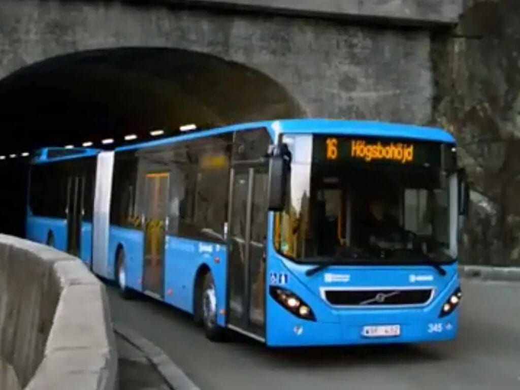 Blue electric bus, public transport in Sweden
