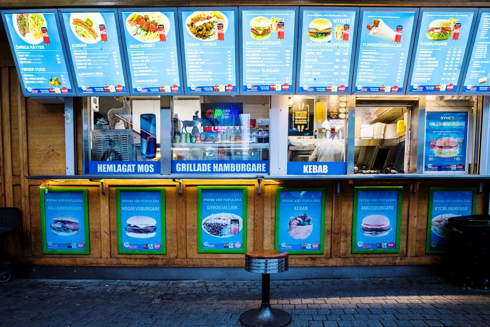 Stockholm, Sweden  An outdoor hot dog stand or fast food kiosk in Liljeholmen.