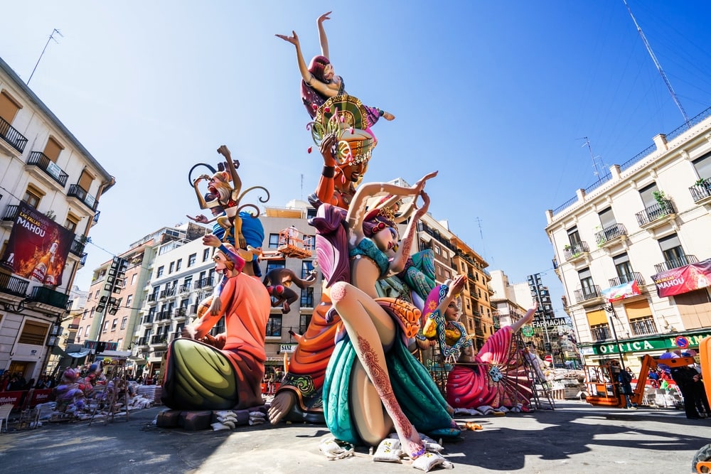 Fallas in  Valencia, Spain, huge brighly coloured papier mache figures depicting dancers and acrobats that are the central part of the Fallas festival in Valencia Spain