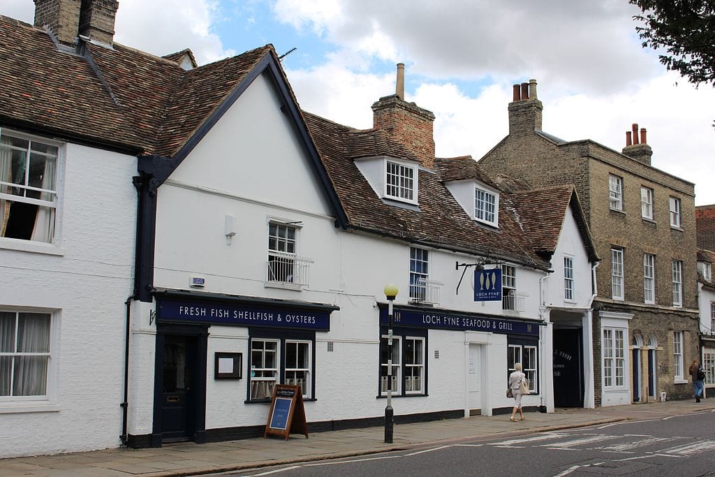 Loch Fyne PUb and restaurant in Cambridge. An old white painted building probably dating back to the medieval age