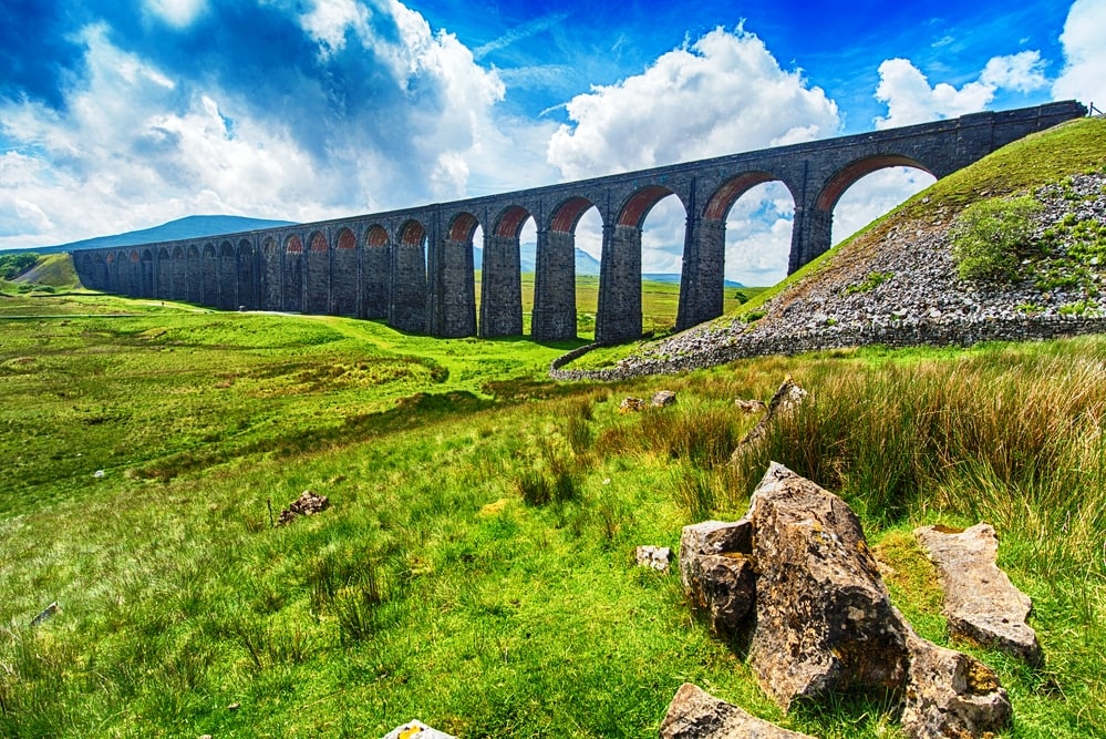 View of large Victorian viaduct in rural countryside scenery