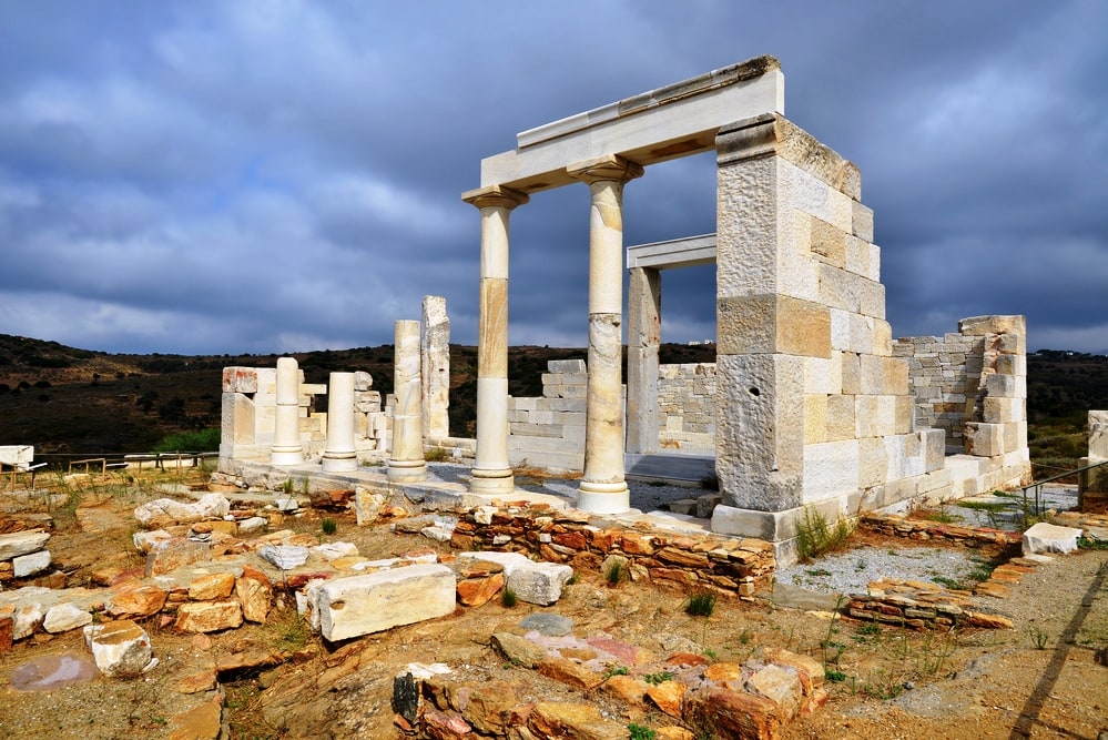 The ruined columns and stone of Demeter temple in Naxos Greece
